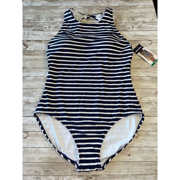NWT LANDS’ END One-piece Swimsuit Bathing Suit Sz XL High Neck Blue White UPF 50 - Picture 1 of 13